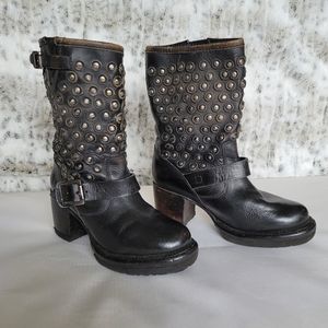Black studded Frye Boots with a platform heel